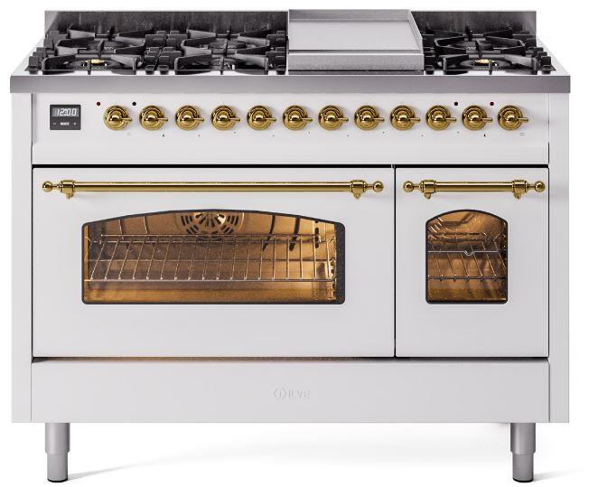 ILVE Nostalgie II 48-Inch Dual Fuel Freestanding Range in White with Brass Trim (UP48FNMPWHG)