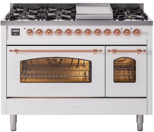 ILVE Nostalgie II 48-Inch Dual Fuel Freestanding Range in White with Copper Trim (UP48FNMPWHP)