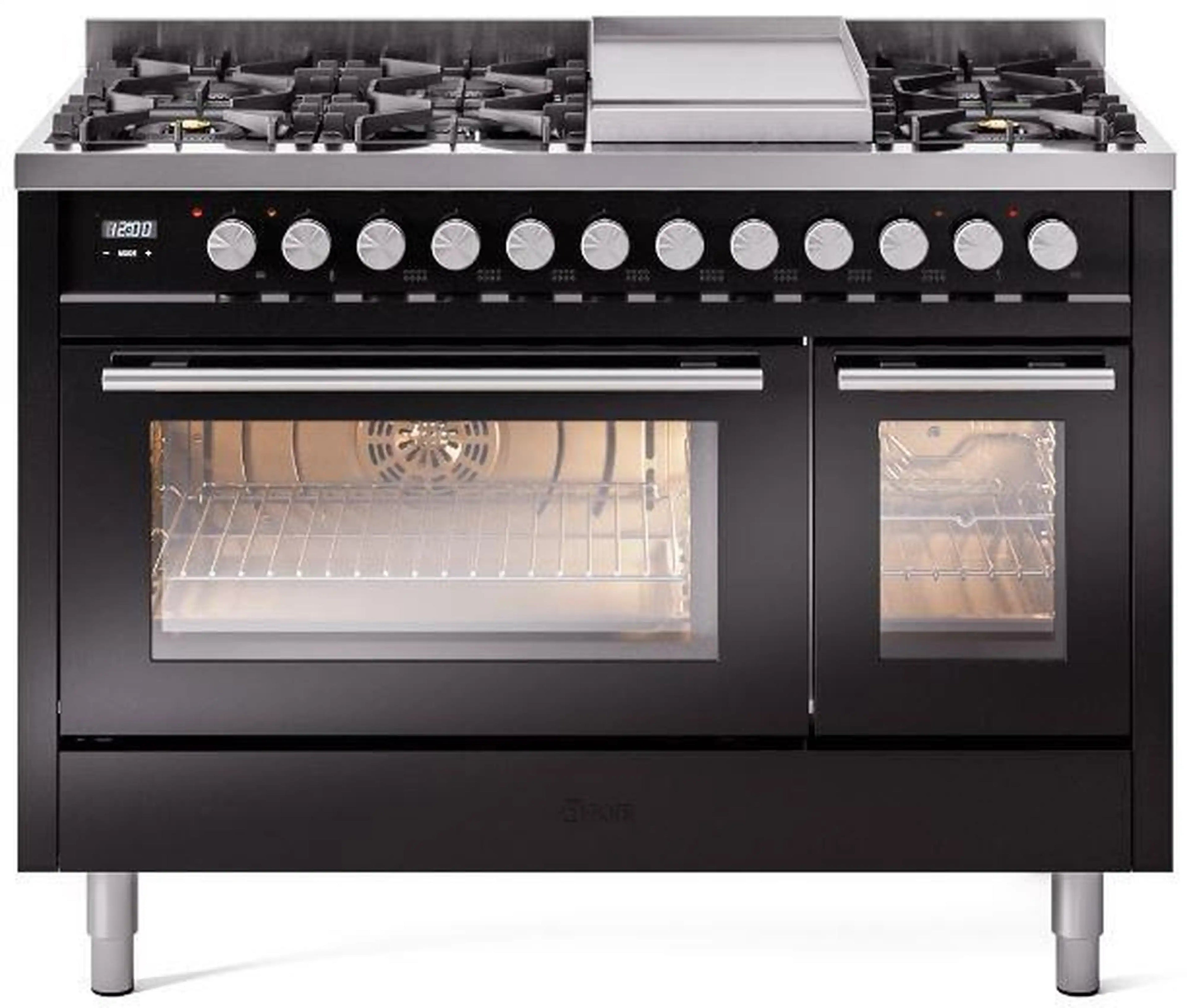 ILVE 48-Inch Professional Plus II Freestanding Dual Fuel Range with 8 Sealed Burner in Glossy Black (UP48FWMPBK)