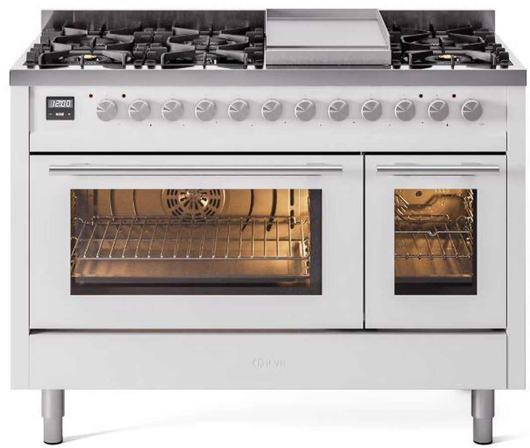 ILVE 48-Inch Professional Plus II Freestanding Dual Fuel Range with 8 Sealed Burner in White (UP48FWMPWH)