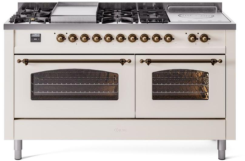 ILVE Nostalgie II 60-Inch Dual Fuel Freestanding Range in Antique White with Bronze Trim (UP60FSNMPAWB)