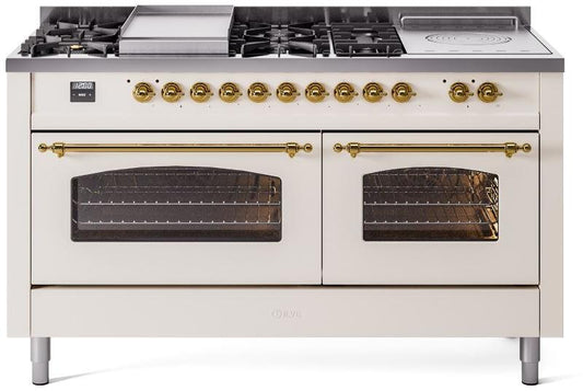 ILVE Nostalgie II 60-Inch Dual Fuel Freestanding Range in Antique White with Brass Trim (UP60FSNMPAWG)