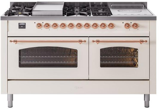 ILVE Nostalgie II 60-Inch Dual Fuel Freestanding Range in Antique White with Copper Trim (UP60FSNMPAWP)