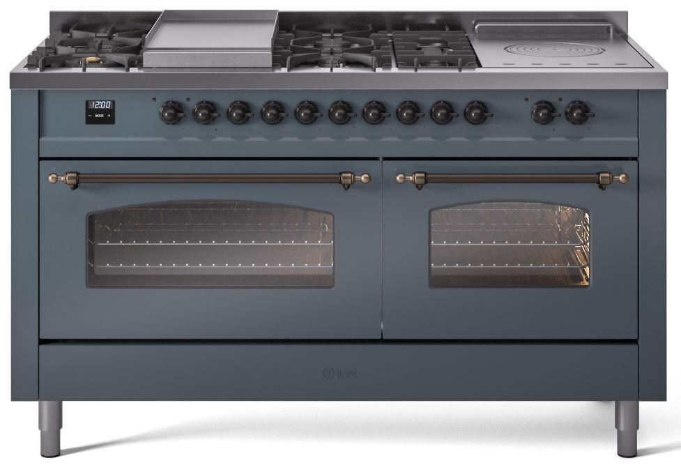 ILVE Nostalgie II 60-Inch Dual Fuel Freestanding Range in Blue Grey with Bronze Trim (UP60FSNMPBGB)