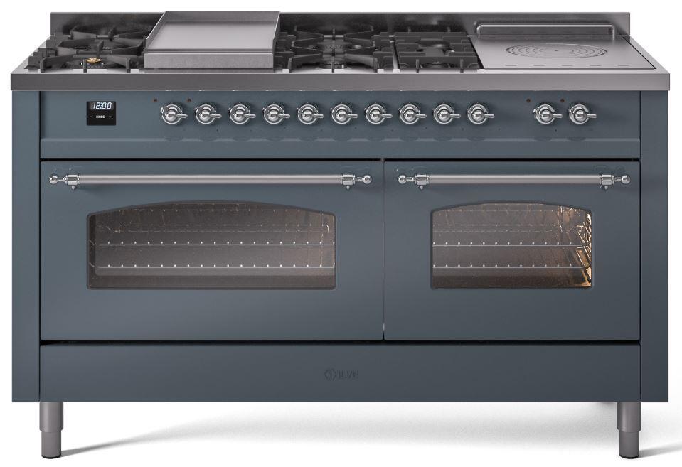 ILVE Nostalgie II 60-Inch Dual Fuel Freestanding Range in Blue Grey with Chrome Trim (UP60FSNMPBGC)