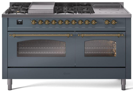 ILVE Nostalgie II 60-Inch Dual Fuel Freestanding Range in Blue Grey with Brass Trim (UP60FSNMPBGG)