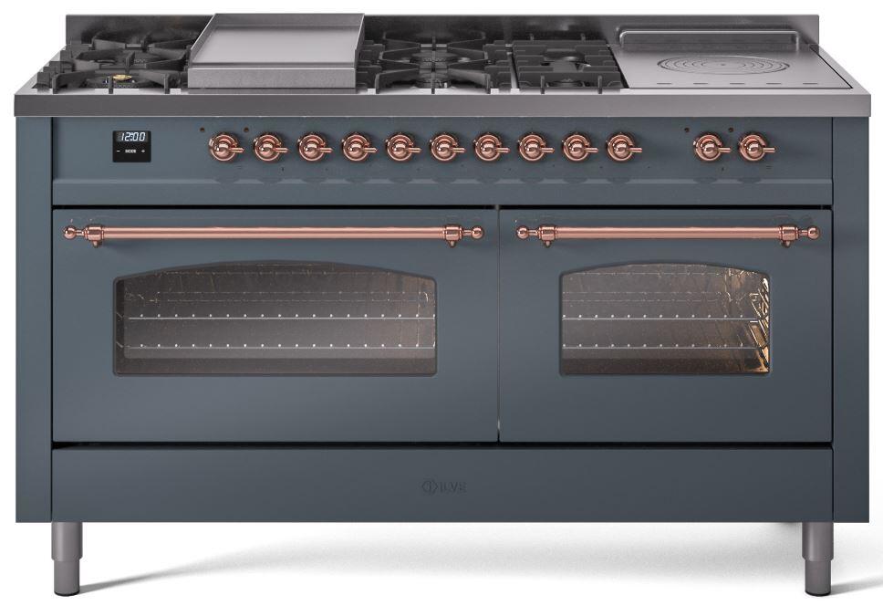 ILVE Nostalgie II 60-Inch Dual Fuel Freestanding Range in Blue Grey with Copper Trim (UP60FSNMPBGP)