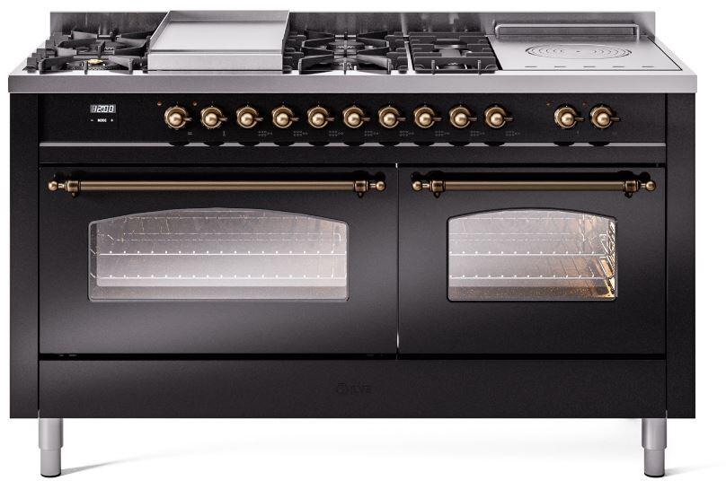 ILVE Nostalgie II 60-Inch Dual Fuel Freestanding Range in Glossy Black with Bronze Trim (UP60FSNMPBKB)