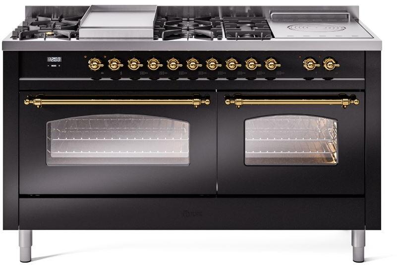 ILVE Nostalgie II 60-Inch Dual Fuel Freestanding Range in Glossy Black with Brass Trim (UP60FSNMPBKG)