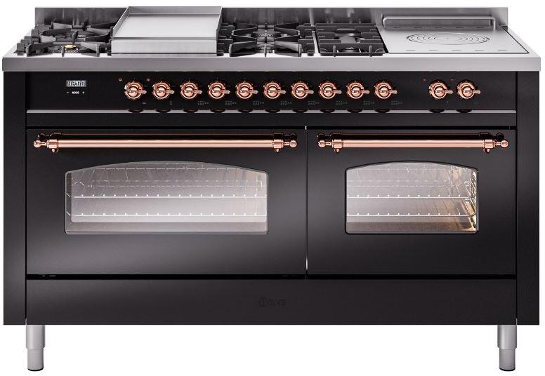 ILVE Nostalgie II 60-Inch Dual Fuel Freestanding Range in Glossy Black with Copper Trim (UP60FSNMPBKP)