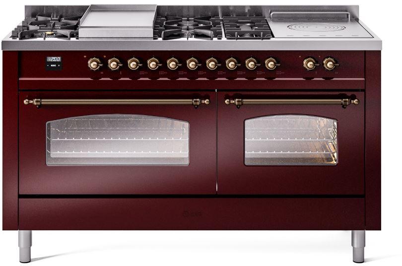 ILVE Nostalgie II 60-Inch Dual Fuel Freestanding Range in Burgundy with Bronze Trim (UP60FSNMPBUB)