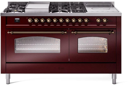 ILVE Nostalgie II 60-Inch Dual Fuel Freestanding Range in Burgundy with Bronze Trim (UP60FSNMPBUB)