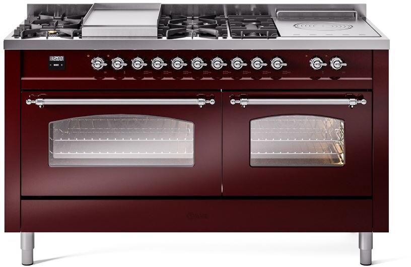 ILVE Nostalgie II 60-Inch Dual Fuel Freestanding Range in Burgundy with Chrome Trim (UP60FSNMPBUC)