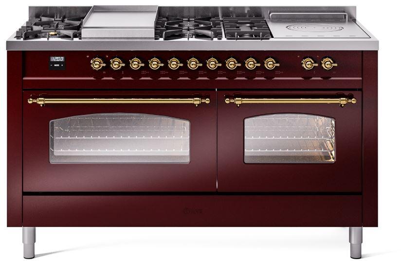 ILVE Nostalgie II 60-Inch Dual Fuel Freestanding Range in Burgundy with Brass Trim (UP60FSNMPBUG)