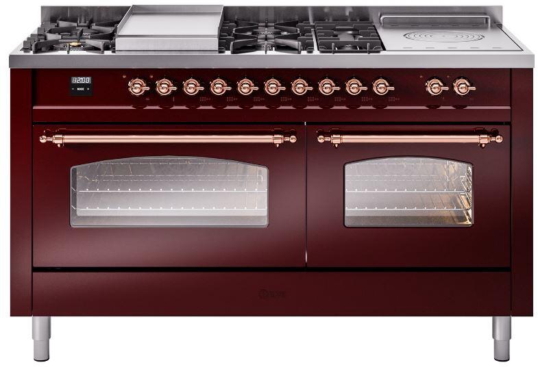 ILVE Nostalgie II 60-Inch Dual Fuel Freestanding Range in Burgundy with Copper Trim (UP60FSNMPBUP)