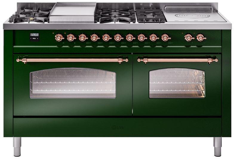 ILVE Nostalgie II 60-Inch Dual Fuel Freestanding Range in Emerald Green with Copper Trim (UP60FSNMPEGP)