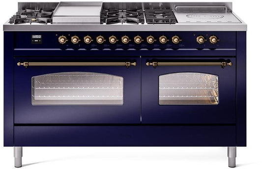 ILVE Nostalgie II 60-Inch Dual Fuel Freestanding Range in Midnight Blue with Bronze Trim (UP60FSNMPMBB)