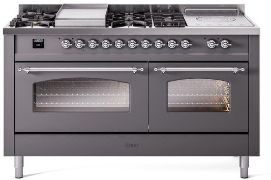 ILVE Nostalgie II 60-Inch Dual Fuel Freestanding Range in Matte Graphite with Chrome Trim (UP60FSNMPMGC)