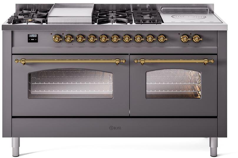 ILVE Nostalgie II 60-Inch Dual Fuel Freestanding Range in Matte Graphite with Brass Trim (UP60FSNMPMGG)