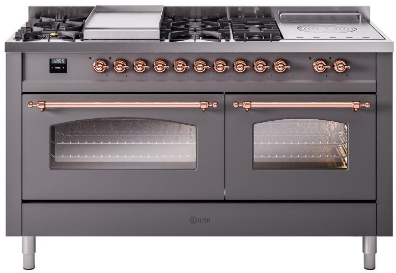 ILVE Nostalgie II 60-Inch Dual Fuel Freestanding Range in Matte Graphite with Copper Trim (UP60FSNMPMGP)