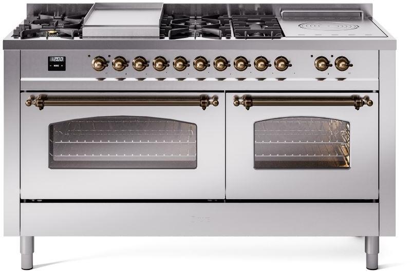 ILVE Nostalgie II 60-Inch Dual Fuel Freestanding Range in Stainless Steel with Bronze Trim (UP60FSNMPSSB)