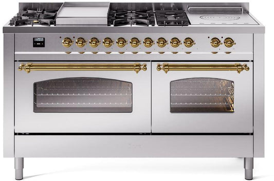 ILVE Nostalgie II 60-Inch Dual Fuel Freestanding Range in Stainless Steel with Brass Trim (UP60FSNMPSSG)