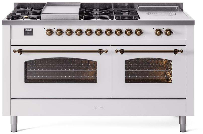 ILVE Nostalgie II 60-Inch Dual Fuel Freestanding Range in White with Bronze Trim (UP60FSNMPWHB)