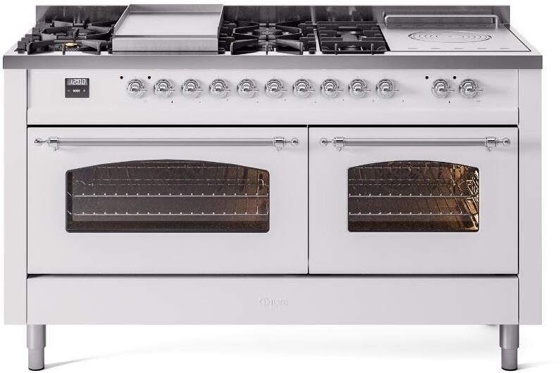 ILVE Nostalgie II 60-Inch Dual Fuel Freestanding Range in White with Chrome Trim (UP60FSNMPWHC)