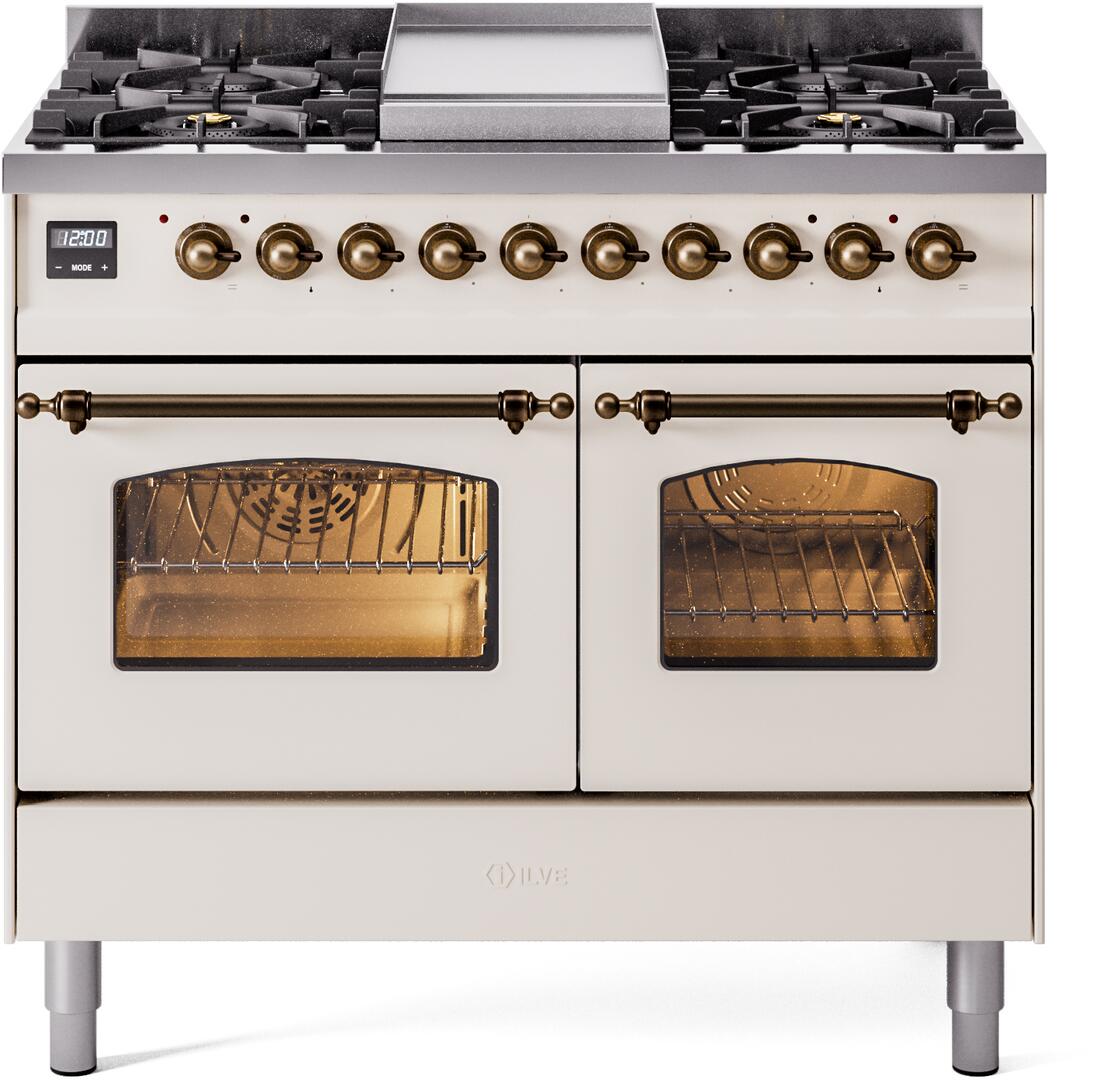 ILVE Nostalgie II 40-Inch Dual Fuel Freestanding Range in Antique White with Bronze Trim (UPD40FNMPAWB)