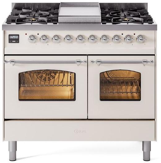 ILVE Nostalgie II 40-Inch Dual Fuel Freestanding Range in Antique White with Chrome Trim (UPD40FNMPAWC)