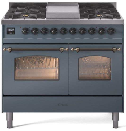 ILVE Nostalgie II 40-Inch Dual Fuel Freestanding Range in Blue Grey with Bronze Trim (UPD40FNMPBGB)