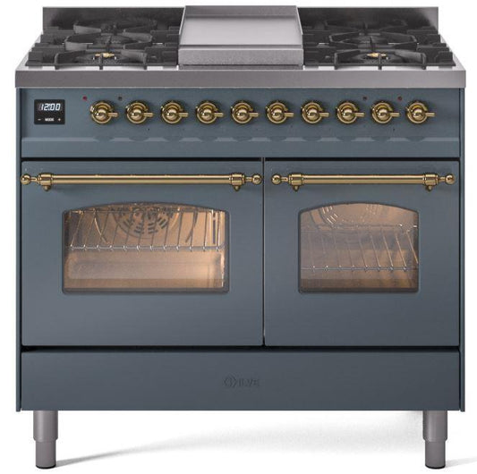 ILVE Nostalgie II 40-Inch Dual Fuel Freestanding Range in Blue Grey with Brass Trim (UPD40FNMPBGG)