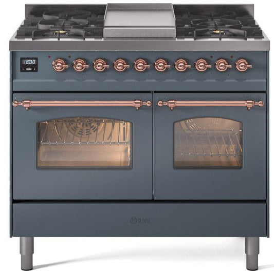 ILVE Nostalgie II 40-Inch Dual Fuel Freestanding Range in Blue Grey with Copper Trim (UPD40FNMPBGP)