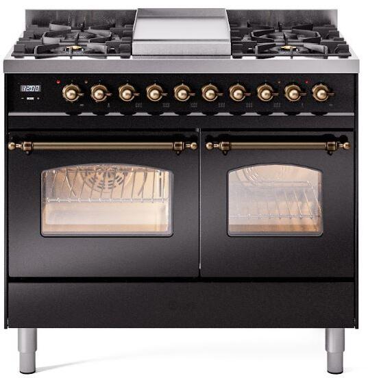 ILVE Nostalgie II 40-Inch Dual Fuel Freestanding Range in Glossy Black with Bronze Trim (UPD40FNMPBKB)