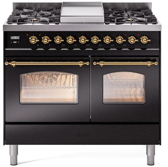 ILVE Nostalgie II 40-Inch Dual Fuel Freestanding Range in Glossy Black with Brass Trim (UPD40FNMPBKG)