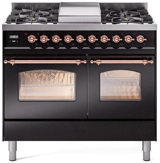 ILVE Nostalgie II 40-Inch Dual Fuel Freestanding Range in Glossy Black with Copper Trim (UPD40FNMPBKP)