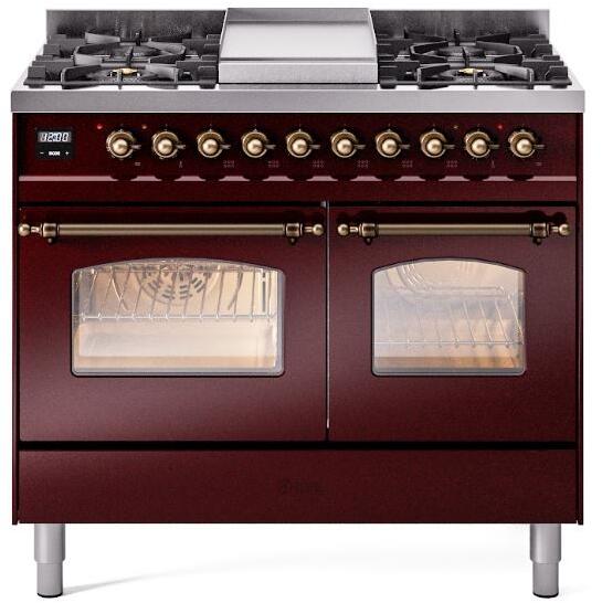 ILVE Nostalgie II 40-Inch Dual Fuel Freestanding Range in Burgundy with Bronze Trim (UPD40FNMPBUB)