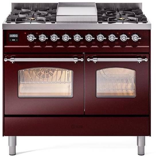 ILVE Nostalgie II 40-Inch Dual Fuel Freestanding Range in Burgundy with Chrome Trim (UPD40FNMPBUC)