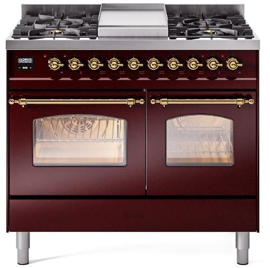 ILVE Nostalgie II 40-Inch Dual Fuel Freestanding Range in Burgundy with Brass Trim (UPD40FNMPBUG)