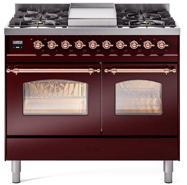 ILVE Nostalgie II 40-Inch Dual Fuel Freestanding Range in Burgundy with Copper Trim (UPD40FNMPBUP)