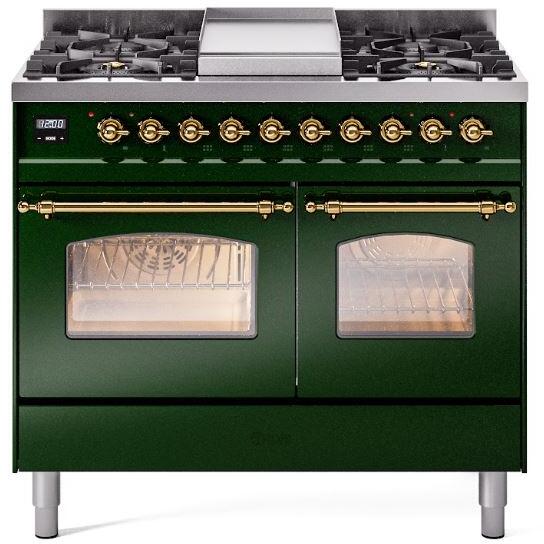 ILVE Nostalgie II 40-Inch Dual Fuel Freestanding Range in Emerald Green with Brass Trim (UPD40FNMPEGG)