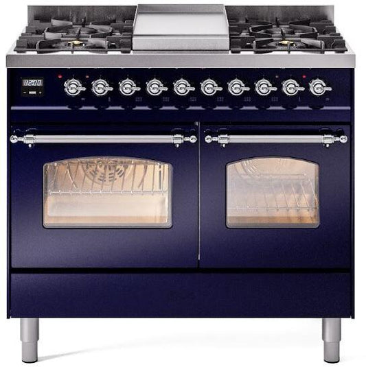 ILVE Nostalgie II 40-Inch Dual Fuel Freestanding Range in Midnight Blue with Chrome Trim (UPD40FNMPMBC)