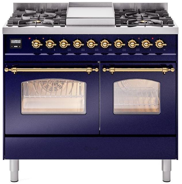 ILVE Nostalgie II 40-Inch Dual Fuel Freestanding Range in Midnight Blue with Brass Trim (UPD40FNMPMBG)