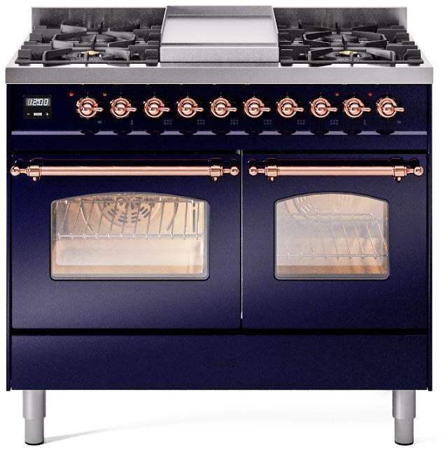 ILVE Nostalgie II 40-Inch Dual Fuel Freestanding Range in Midnight Blue with Copper Trim (UPD40FNMPMBP)