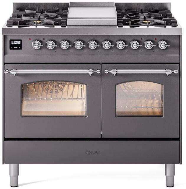 ILVE Nostalgie II 40-Inch Dual Fuel Freestanding Range in Matte Graphite with Chrome Trim (UPD40FNMPMGC)