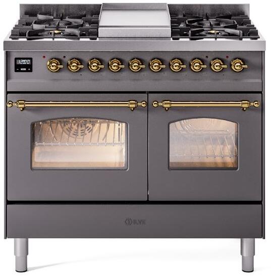 ILVE Nostalgie II 40-Inch Dual Fuel Freestanding Range in Matte Graphite with Brass Trim (UPD40FNMPMGG)