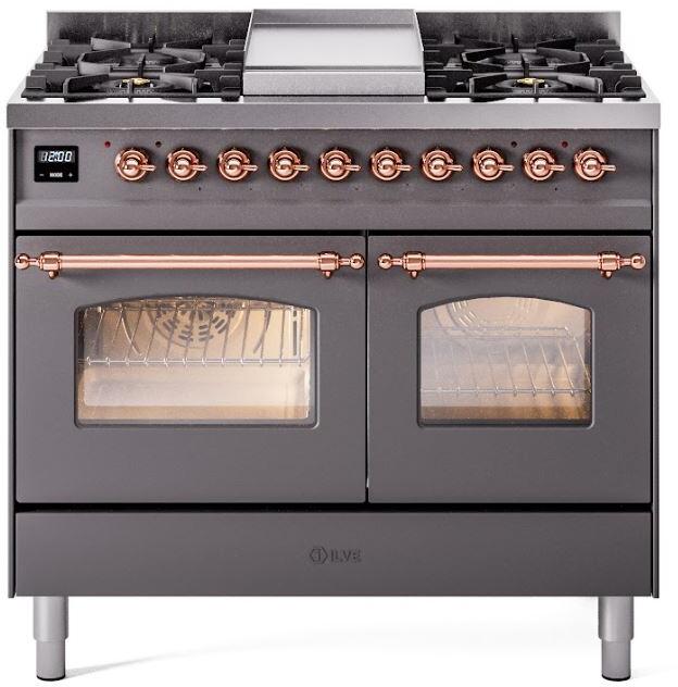 ILVE Nostalgie II 40-Inch Dual Fuel Freestanding Range in Matte Graphite with Copper Trim (UPD40FNMPMGP)