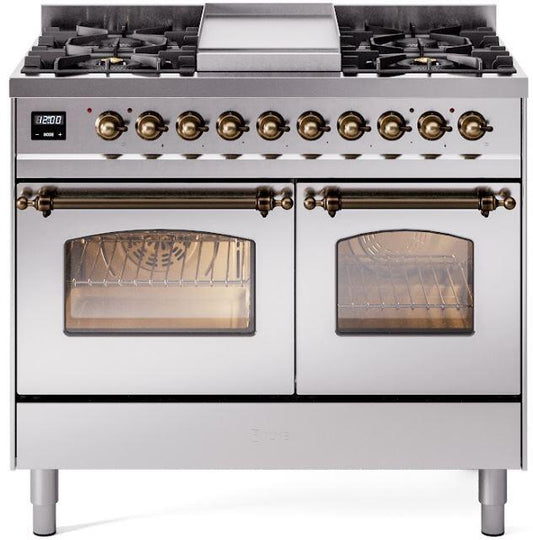 ILVE Nostalgie II 40-Inch Dual Fuel Freestanding Range in Stainless Steel with Bronze Trim (UPD40FNMPSSB)