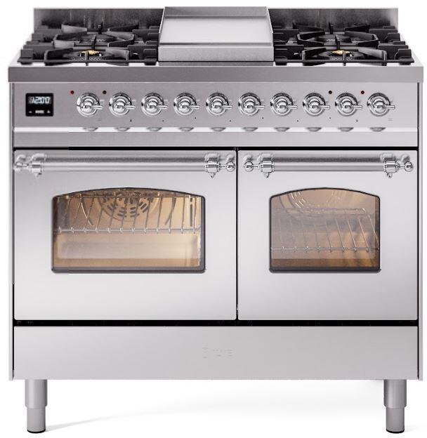 ILVE Nostalgie II 40-Inch Dual Fuel Freestanding Range in Stainless Steel with Chrome Trim (UPD40FNMPSSC)