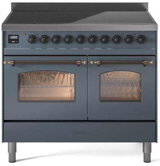 ILVE Nostalgie II 40-Inch Freestanding Electric Induction Range in Blue Grey with Bronze Trim (UPDI406NMPBGB)